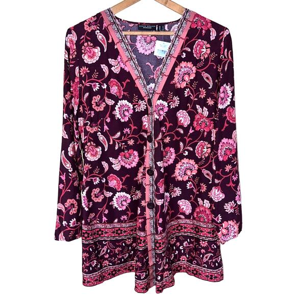 Susan Graver Small 6 /8 Cardigan Lightweight Woven Floral Wine Button Front NEW - Picture 1 of 11